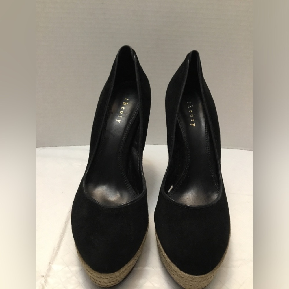 Theory Black Espadrille Wedge Pumps